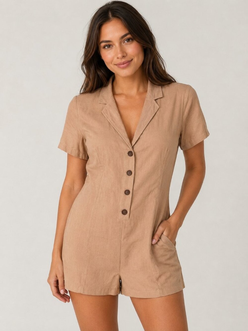 Potter's Pot Linen Blend Button Front Romper Shorts Jumpsuit Tan Beige Medium M